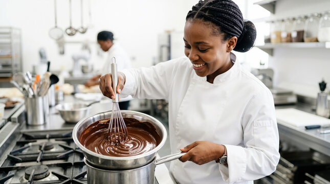 Smiling female chef whisking melted chocolate in a double boiler. Black woman chocolatier preparing dark chocolate in a professional kitchen