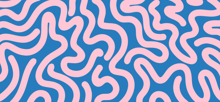 Horizontal Abstract Banner Background with Waves. Minimalist Trendy Vector Illustration Shapes in Pastel Pink on Blue. Retro Style Pattern