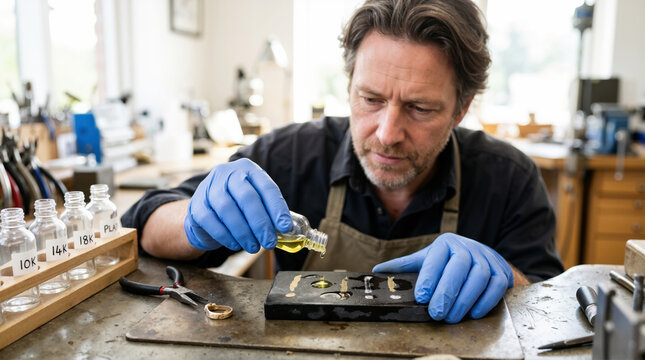 Jeweler testing gold purity with acid on a touchstone. Male appraiser verifying precious metal quality at a workbench