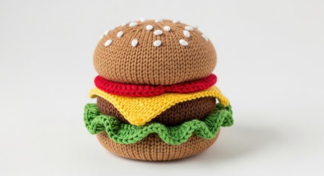 Crocheted hamburger toy on a plain white background
