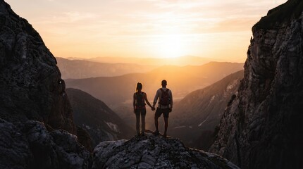 Obraz premium The setting sun sits low in the sky, radiating an intense, warm golden light that fills the entire gorge with a soft haze.