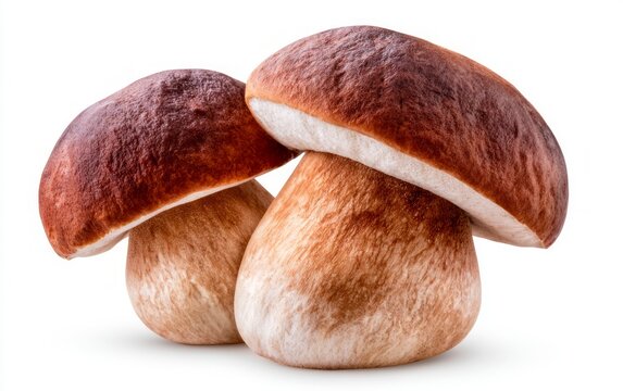 Fresh Porcini Mushrooms with Thick Stems and Broad Brown Caps on Light Background