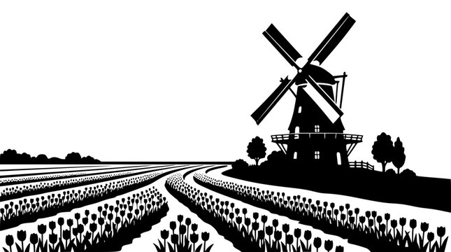Black and white silhouette of a traditional Dutch windmill and tulip field