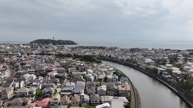 Drone Rising Over Sakaigawa River Toward Enoshima 4K