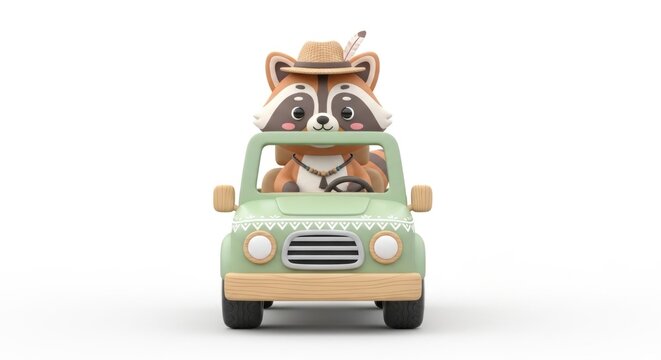 Cute 3D raccoon character driving small green wooden toy car.