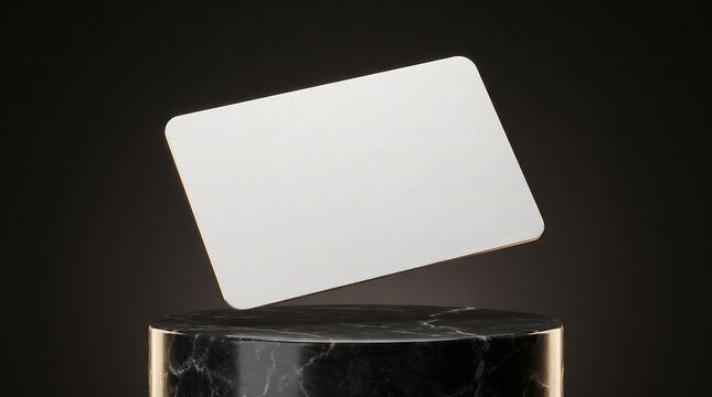 Blank membership card with rounded corners rests on a black marble pedestal 3d rendering access mockup credit shape