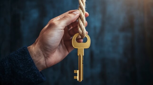 Close-up of a hand holding a golden key attached to a rope.