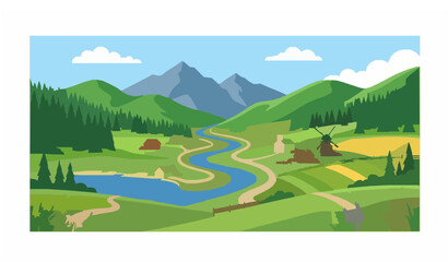 Countryside River Valley Flat Illustration with Mountains, Pine Trees, and Farmhouse for Nature Landscape Designs © Md