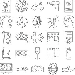 Fototapeta premium Variety of outline icons representing different abstract symbols, equipment, activities, and concepts from various fields like business, health, sports, and technology