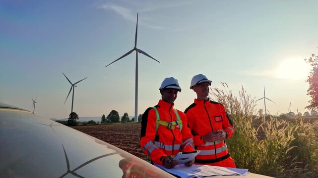 Two workers in reflective safety gear review documents beside a car at a rural wind farm at sunset, with multiple wind turbines spinning over fields and tall grass