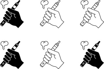 Hand Holding Vape Pen Icon Collection with Outline and Solid Vector Set © MdMotahar