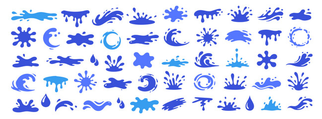Fototapeta premium Blue water splash icon collection with waves, drops, splatters and liquid motion shapes on white background for summer, pool, ocean and drink designs.
