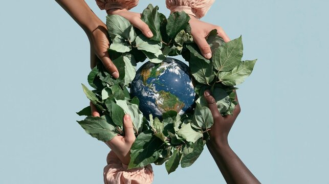 Two hands holding a globe made of green leaves. the hands are of different skin tones, with the palms facing upwards and the fingers slightly curled.