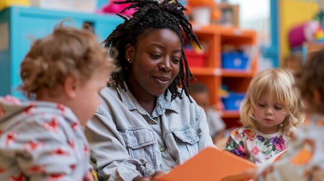 Young african-american woman with dreadlocks sitting in a classroom, reading a book to two young children. the woman is wearing a denim jacket and is holding an orange book in her hands.