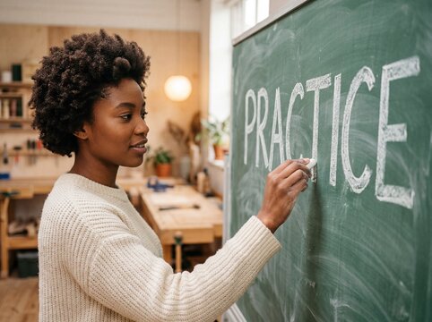 Young woman with natural hair writes the word practice on a chalkboard in a workshop
