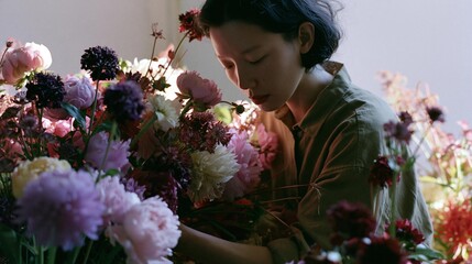 Naklejka premium Young woman arranging a large bouquet of flowers. she is wearing a green shirt and her hair is pulled back in a bun.