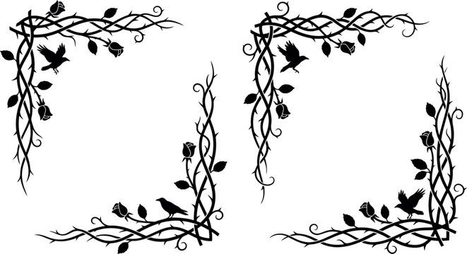 Gothic Rose Thorn Vine and Raven Decorative Corner Border Vector Silhouette