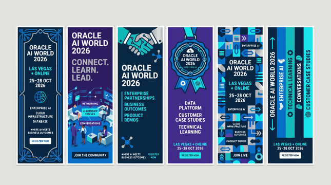 Corporate technology banner set for AI world conference, blue vertical web headers for business events, digital marketing layout collection