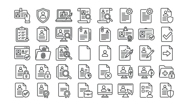 Collection of line icons related to personal data security and document management in a business context online  identity verification and privacy protection