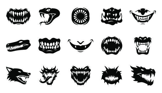 Halloween monster mouths vector set fangs snouts and scary faces for spooky designs