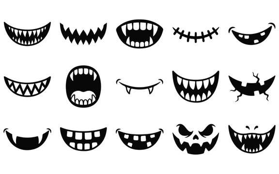 Spooky halloween mouths set of vector images fangs grins and scary teeth designs