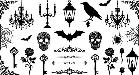 Halloween Gothic Decorative Elements Collection with Skulls, Ravens and Vintage Ornaments Vector Set © Sourav