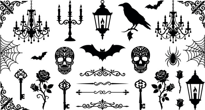 Halloween Gothic Decorative Elements Collection with Skulls, Ravens and Vintage Ornaments Vector Set