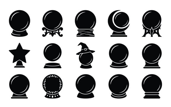 Set of halloween vector black silhouette crystal balls with diverse ornamental bases