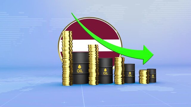 Latvia Oil Prices Decline with Oil Barrels, Gold Coins and Downward Green Arrow, 3D Economic and Financial Market Concept