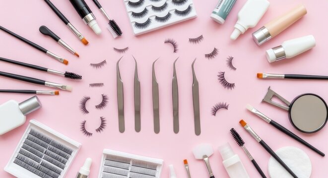 Eyelash extension professional tools and false lashes kit layout.