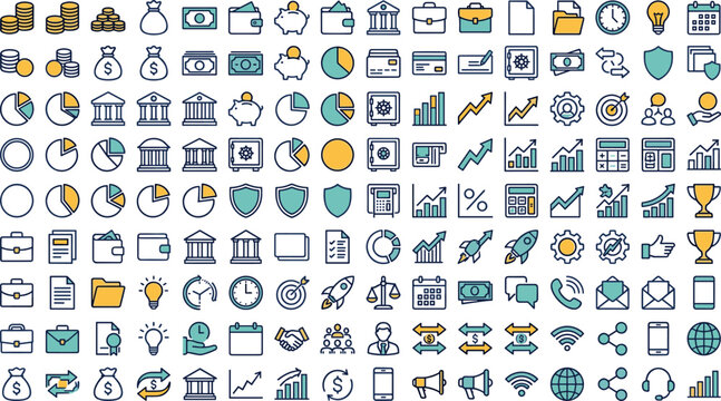 Business finance and productivity icon set featuring money, banking, analytics, charts, communication and office management vector collection