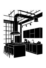 Modern Industrial Loft Kitchen Silhouette Illustration with Exposed Pipes © Wae