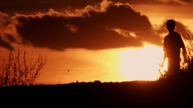 Silhouette of a man against the backdrop of an orange sunset and a big bright sun, a man riding a skateboard along the road