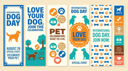 Naklejka premium International Dog Day banner set, pet celebration vertical web headers, August 26 special event promotional templates with paw prints and canine silhouettes