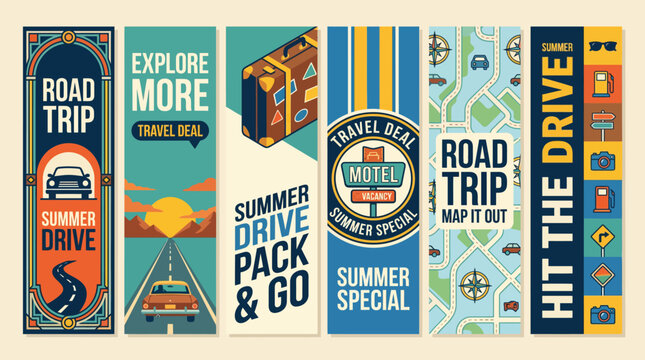 Vintage road trip vertical banners, retro summer travel adventure posters with car and map, flat vector illustration set of 6 travel deal web headers