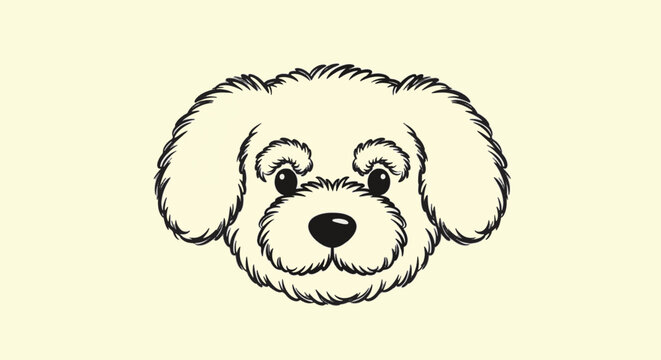 Minimalist black line art illustration of a cute fluffy dog face with curly fur, floppy ears and round eyes, isolated on a solid pale cream background for vector design and logos.