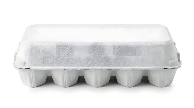 Closed white styrofoam egg carton isolated on a white background.