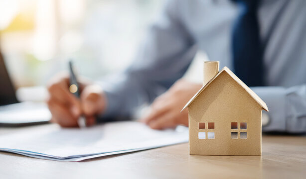 Signing documents for a home purchase in an office setting near a model house