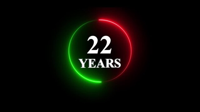 22 years anniversary celebration motion with neon glowing circle frame on black background, birthday jubilee