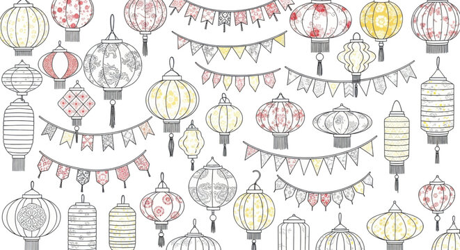 Set of handdrawn chinese lanterns and festive bunting flags