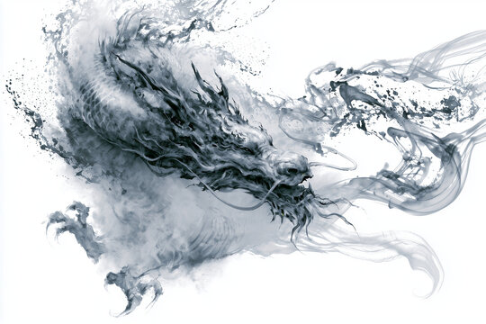 Dynamic traditional Japanese sumi-e ink style painting of a mythical dragon, Generative AI image
