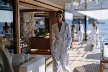 Fototapeta premium A chic woman strolls along the deck of a luxury yacht, radiating confidence and style as she immerses herself in the magnificent ocean views.
