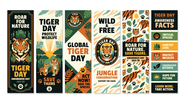 Global Tiger Day awareness banners, wildlife conservation vertical posters with jungle illustrations, tiger protection campaign flyers set