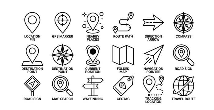 Map and navigation line icon set with pin nearby direction route position and GPS vector symbols