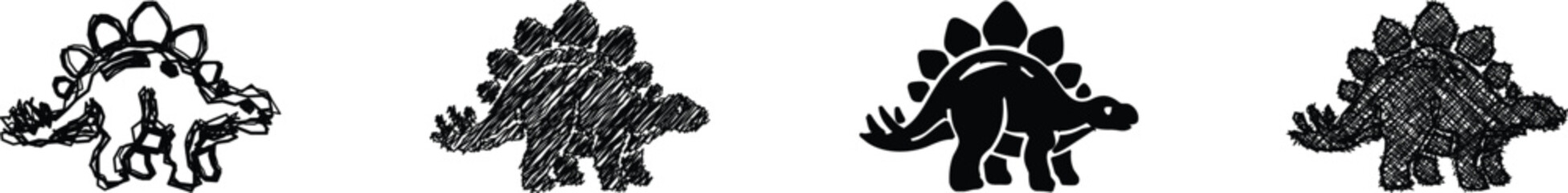 Four distinct representations of a Stegosaurus, ranging from a sketchy outline to solid silhouettes and textured drawings, showcase artistic variety © Vova7