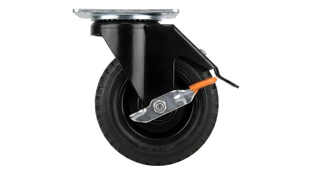 Side view of a black swivel caster wheel with an orange brake.