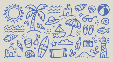 Collection of cute summer beach theme doodle icons for vacation travel and holiday concept © Arshad