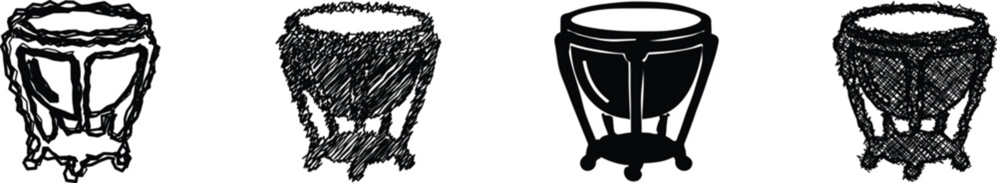 A collection of four distinct artistic representations of timpani drums, showcasing different drawing and sketching techniques