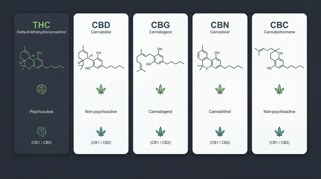 Types of Cannabinoids Chart  THC, CBD, CBG, CBN and CBC Molecular Structure Comparison