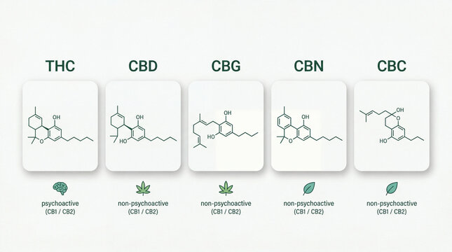 Types of Cannabinoids Chart  THC, CBD, CBG, CBN and CBC Molecular Structure Comparison